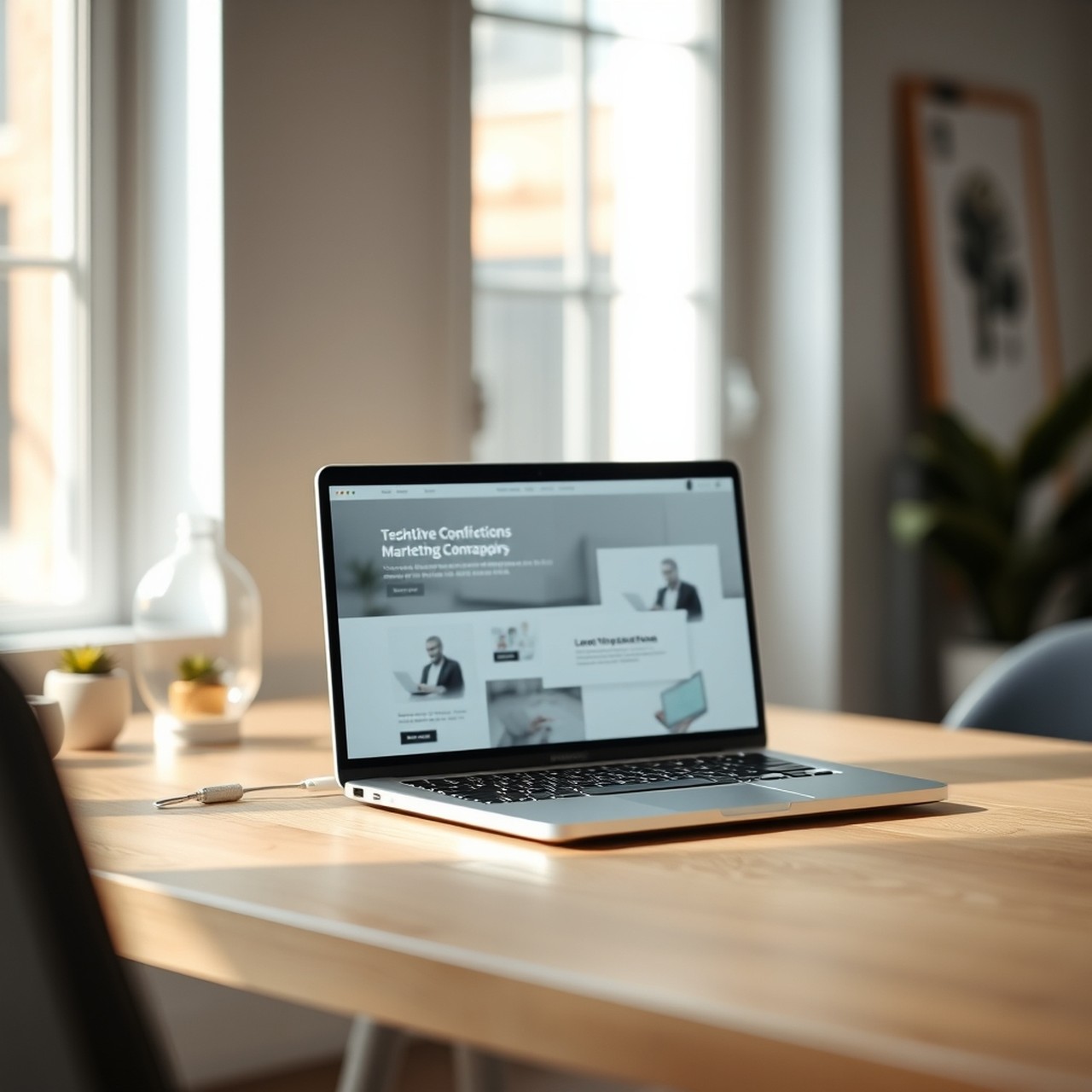 Laptop on a studio desk showing a modern website in progress