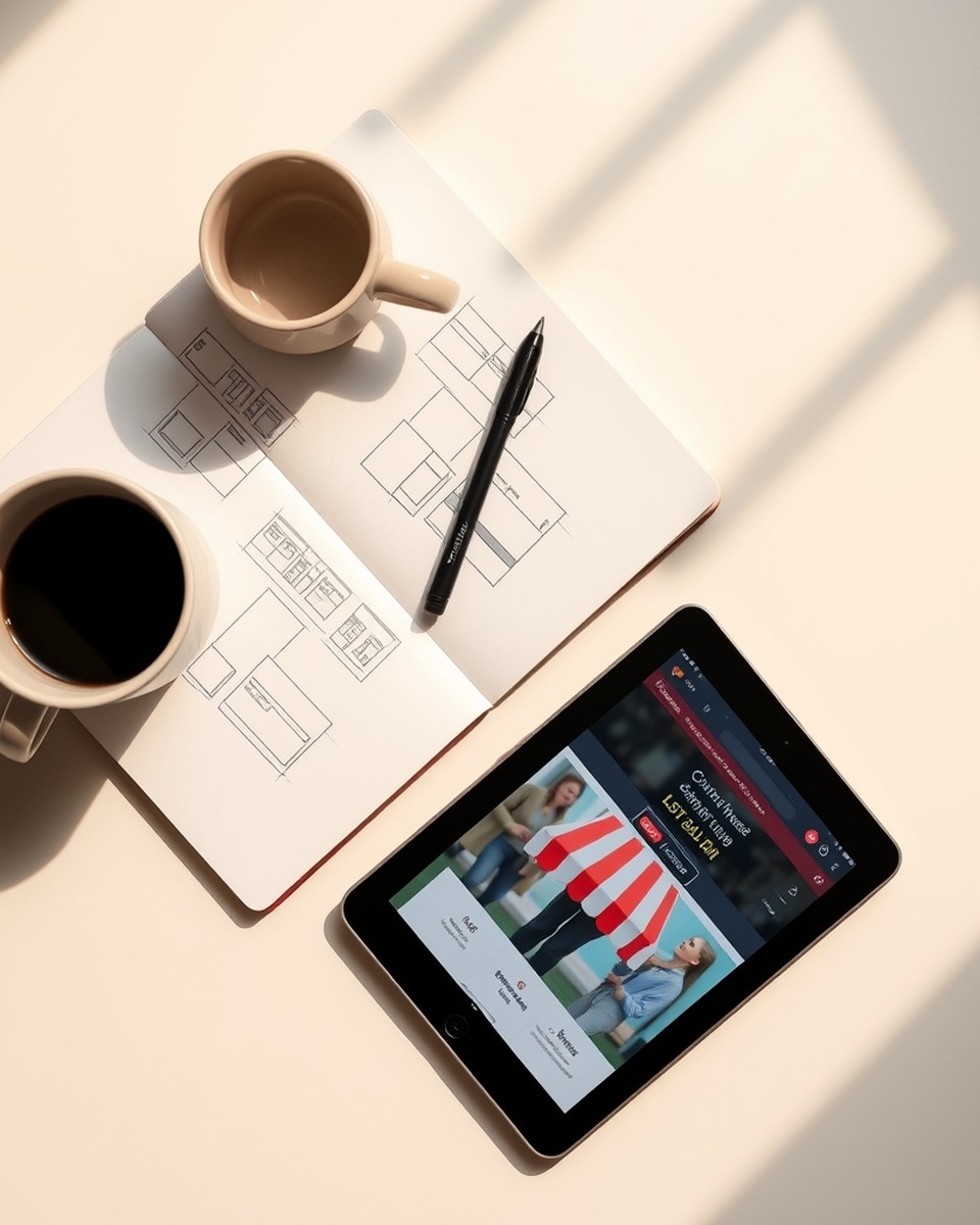 Design workspace with wireframe sketches and a tablet showing a storefront layout